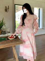 Voguable Chiffon Long Sleeve Floral Midi Dress Chic French Slim Elegant Women Dress Casual Fashion Beach Style Office Lady Dresses voguable