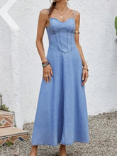 Voguable Casual Blue Denim Sling Long Dress Women Chic Sleeveless Square Neck Waist Cinching Dresses Lady Vacation Street Vestido voguable