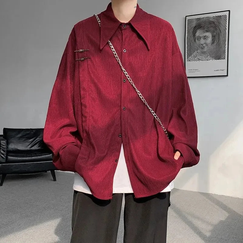 Voguable Autumn Men's Burgundy Textured Long Sleeve Shirt Loose Fit Metal Detail Casual Blouse voguable