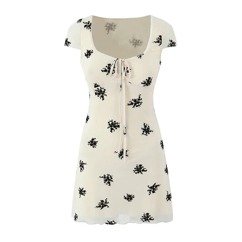 French Style Floral Print Summer Dress For Women Short Sleeve V Neck A-line Mini Dresses Holiday Robe