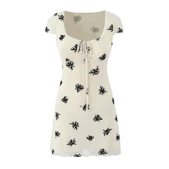 French Style Floral Print Summer Dress For Women Short Sleeve V Neck A-line Mini Dresses Holiday Robe