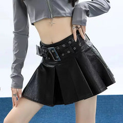 Leather Skirt Black Punk Women Sexy Pleated Grunge Vintage Mini Skirt Y2k Gothic Streetwear A-line Ladies Retro Skirts voguable