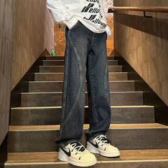 Straight Leg Jeans Men Washed Solid Trousers Panel Design Denim Pants Autumn Fall Male Wear New 2025 High-quality denim pants voguable