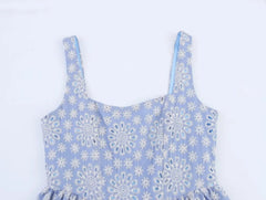 Flower Embroidery Blue Sweet Short Dress 2025 New Square Collor A-line Zipper Fashion Summer Dress Fashion Beach Woman Clothing voguable