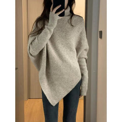 Autumn Winter New Women Sweater Korean Fashion Chic Casual Turtleneck Solid Asymmetr Loose Batwing Sleeve Pullovers Knitted Tops voguable