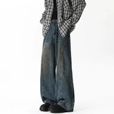 Men Wide Leg Jeans Dark Blue Patchwork High Street Washed Vintage Denim trousers men Loose Trendy Streetwear Oversized voguable