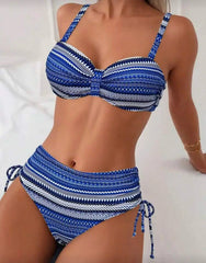 Voguable Strappy Drawstring High Waist Bikini Women Stripe Swimwear Female Sexy Swimsuit Bather Bathing Swimming Swim Suit Beachwear voguable