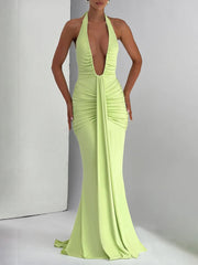 Deep V Neck Backless Ruched Sexy Maxi Dress Women Gown Summer Halter Sleeveless Draped Club Party Long Dress voguable