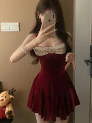 French Elegant Red Party Velvet Mini Dress Women Fashion Patchwork Princess Vestidos Female Spring Autumn Graduation Clothes voguable