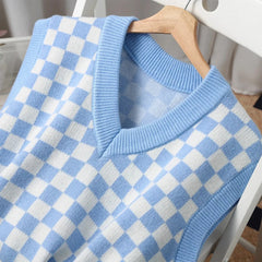 Checkered Sweater Vest Women Blue and White Checkerboard Sleeveless Knit Top Teen-girl Y2K Preppy Style Outfit voguable