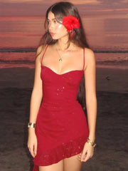 Spaghetti Strap Ruffled Sexy Mini Dress For Women Red Fashion Sleeveless Backless High Waist A-line Club Party Dress voguable