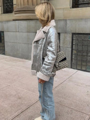Women Chic Elegant Faux Fur Lace Up Jacket Fashion Lapel Long Sleeved Shearling Leather  Winter Female Silver Crop Outerwear voguable