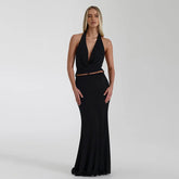 Halter Deep V Neck Backless Sexy Maxi Dress For Women Fashion Sleeveless High Waist Slim-fit Beach Club Party Dress voguable