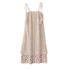 Voguable Women's New Retro Holiday Style Fringed Lace Floral Fake Two-piece Sling Dress Female Summer Lace-up Slimming Suspender Dresses voguable