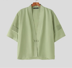 Men Shirt Solid Color V Neck Half Sleeve Casual Cardigan Men 2025 Oversize Pleated Fashion Male Tops Shirts Streetwear voguable