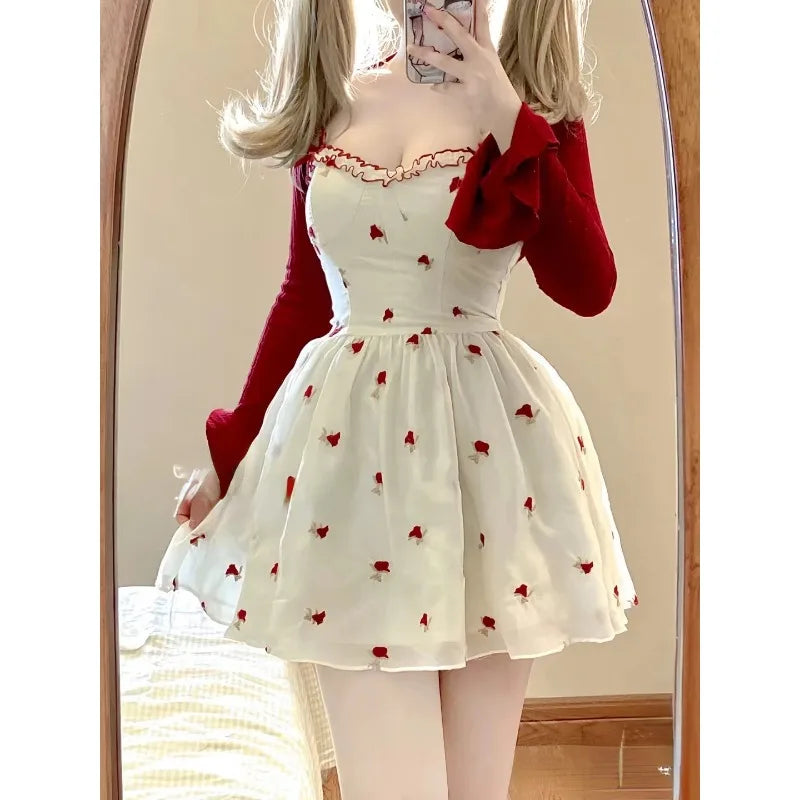 Voguable Summer Woman Korean Fashion Suit Kawaii Floral 2 Piece Dress Set Elegant Short Cardigan Beach Sleeveless Y2k Mini Dress Chic voguable
