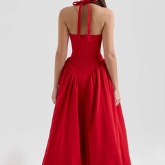 Red Elegant Slim Evening Party Dresses For Women Sexy Backless Low Waist A-line Midi Long Halter Dress Cotton Robe voguable
