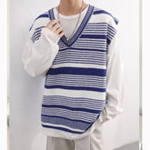 V-neck Striped Knitwear Men's Vest Autumn Pullover Sweater Sleeveless Blue Black voguable