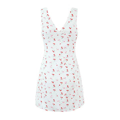 YENKYE Summer Women Sexy Backless Cherry Printed Tank Dress Sleeveless V Neck A-line Holiday Short Dresses French Style Robe voguable
