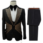 Voguable Celebrity Golden Rhinestones Men's Suit Customized Hot Sale Single Breasted Handsome Formal Banquet Jacket Vest Pants Groom Wear voguable