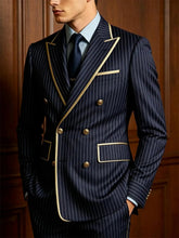 Voguable Striped Slim Fit Men's 2-Piece Suit Set Double Breasted Jacket Business Casual Pants Formal Groom Wedding Dress Party Tuxedo voguable