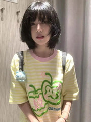 Apple Embroidery T Shirt Women Korean Style Striped Short Sleeved T-shirts Summer Y2k Clothes Gentle O Neck Tees Top voguable