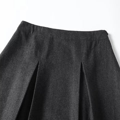 Women Autumn Winter Dark Gray Pleated A-line Midi Skirt Vintage High Waist Office Elegant Skirts