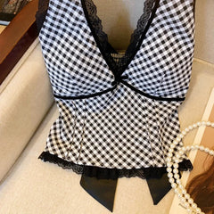 French Sweet Spicy Camis Hanging Neck Camisole Lace Patchwork Plaid Print Short Top Sexy Deep V-neck Bandage Halter Crop Tops voguable