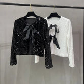 Voguable Korean version name Warm air short version Small fragrant sequins Small suit Light ripe wind BINGBING bead lace-up bow top voguable