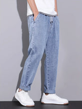 Voguable Men's Straight-Leg Jeans with Adjustable Drawstring Waist, Made of Breathable and Soft Fabric, Loose Casual Style. voguable
