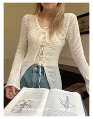 Tie Front Open Knit Cardigan Women Long Sleeve Longline Sweater Jacket Sheer Beach Cover-Up Ladies Boho Vacation Outfit voguable