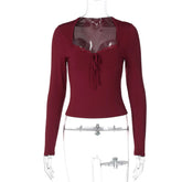 Voguable Women's Long Sleeve Top Sexy Square Collar Crop Top Slim Lace Up Long Sleeve T-shirt Women Y2k Clothes Cropped Feminino New In voguable