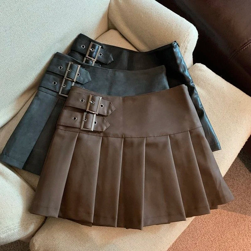 MEXZT S-3XL Y2K Pu Leather Mini Skirts Women Streetwear High Waist Pleated Skirt Vintage Korean Black Slim Casual A Line Skirts voguable