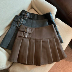 MEXZT S-3XL Y2K Pu Leather Mini Skirts Women Streetwear High Waist Pleated Skirt Vintage Korean Black Slim Casual A Line Skirts voguable