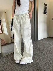 Sweet Lace Patchwork White Pants Y2K High Waist Preppy Thin Wide Leg Pants Korean Chic Loose Jogging Quick Drying Trousers New voguable