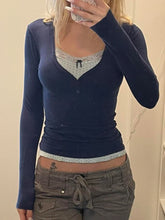 Voguable Polka Dot Printed Lace Patchwork Fake Two-piece Top y2k Coquette Long Sleeve T-shirt Harajuku Pullover Cute Tees Casual voguable