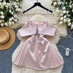 Elegant Sleeveless Vintage Butterfly Bow Sexy Off Shoulder Satin Slim A-line Straps Dresses Birthday Party High Street Clothing voguable