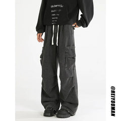 Loose straight Jeans Men Denim Cargo Pants Wash Solid Color Multi Pockets Casual Mid Waist Trousers Unisex Daily Wear Joggers voguable