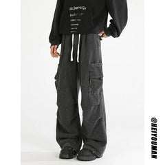 Loose straight Jeans Men Denim Cargo Pants Wash Solid Color Multi Pockets Casual Mid Waist Trousers Unisex Daily Wear Joggers