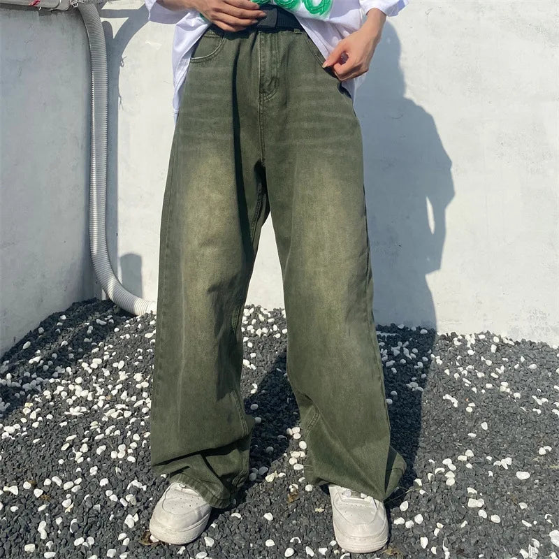 Voguable Green Jeans Baggy Distressed Vintage Denim Trousers Male Wide Leg Pants Men Streetwear Retro Oversize Casual Hip Hop voguable