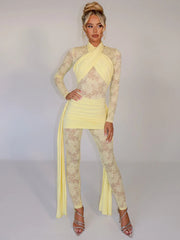 Sexy Lace Jumpsuit Women Sheer Lace Patchwork Long Sleeve Jumpsuits Female Elegant Draped Ruched Skinny Jumpsuit voguable