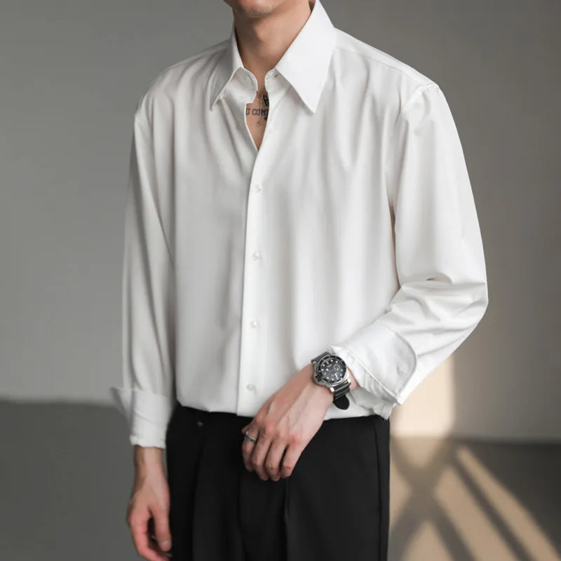 Black White Shirt Men Fashion Social Mens Dress Shirt Korean Loose Long Sleeved Shirt Mens Office Formal Shirts Ice Silk M-2XL voguable