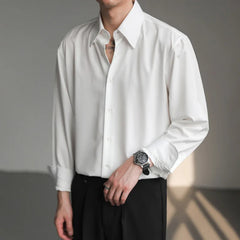 Black White Shirt Men Fashion Social Mens Dress Shirt Korean Loose Long Sleeved Shirt Mens Office Formal Shirts Ice Silk M-2XL voguable