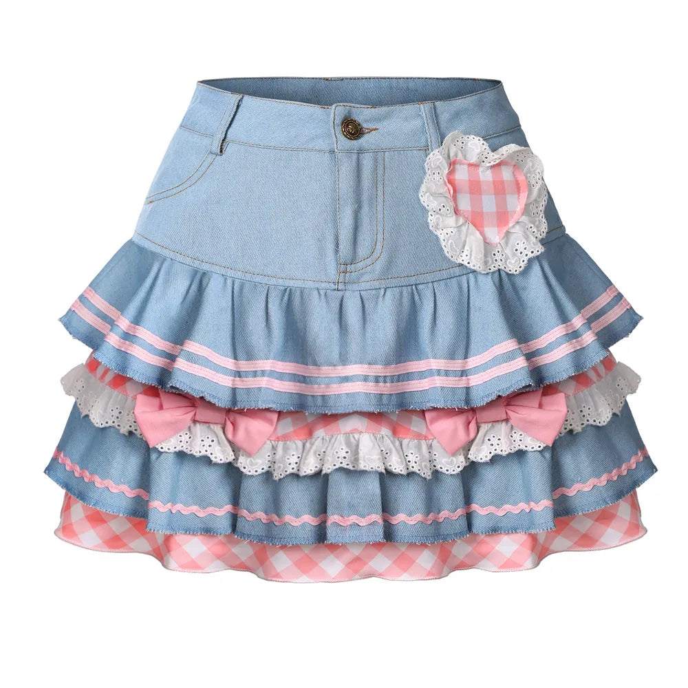 Y2k Kawaii Denim Skirt Mini Party Sweet Ball Gown Aesthetic High Waist Skirts 4 Layer Ruffle Cake Skirts E Girls Summer Skater voguable