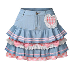 Y2k Kawaii Denim Skirt Mini Party Sweet Ball Gown Aesthetic High Waist Skirts 4 Layer Ruffle Cake Skirts E Girls Summer Skater voguable