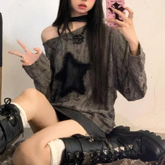 Spring Autumn T-Shirt Women Fashion Star Print Y2k Aesthetic Loose Tees Kpop Fairycore Ripped Tshirt Harajuku Gothic Streetwear voguable