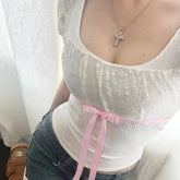 Voguable Coquette Contrast Bow Decorate Top Women's Summer Y2K Slim-fitting Puff Sleeve T-shirt Cute Japanese Lace Patchwork Tee voguable