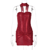 Mozision Halter Strapless Ruched Sexy Mini Dress For Women Robe Fashion Solid Off-shoulder Backless Sleeveless Club Dress New voguable