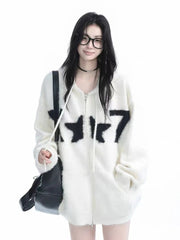 Faux Mink Cashmere Y2K Cardigan Sweater Women Streetwear American Vintage Knitted Hooded Jackets Hip Hop Star Letter Bf Tops New voguable