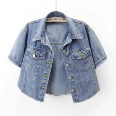 Vintage Cropped Denim Jacket Women Summer Loose Single Breasted Turn Down Collar Short Sleeve Tops Harajuku Casual Jean Jacket voguable